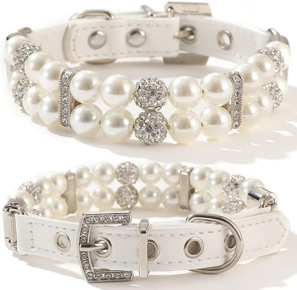 Pearl Dog Collar & Cat Collar, PU Leather Girls Necklace with Crystal Rhinestone for Female Puppy Kitten XS S Medium