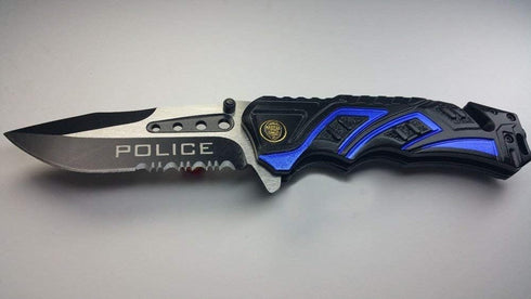 Mtech 8" Police Blue/Black Spring Assisted Folding Knife, Pocket Open Switch