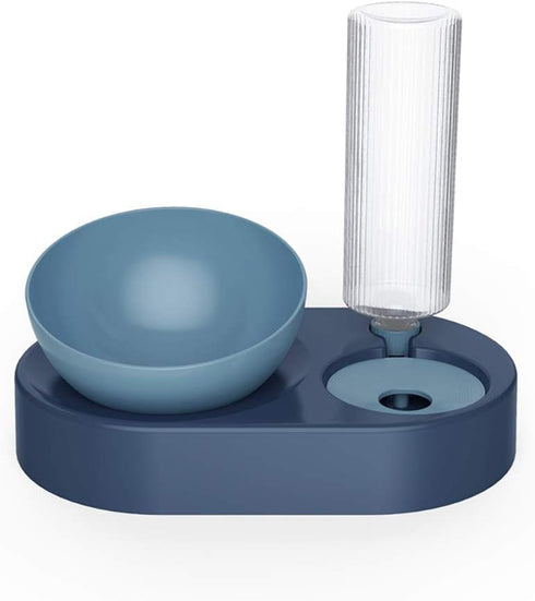 Raised Cat Food Bowls with Automatic Water Bottle, Adjustable Tilted Feeding Dishes for Cats and Dogs (Blue)