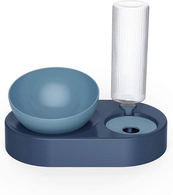Raised Cat Food Bowls with Automatic Water Bottle, Adjustable Tilted Feeding Dishes for Cats and Dogs (Blue)