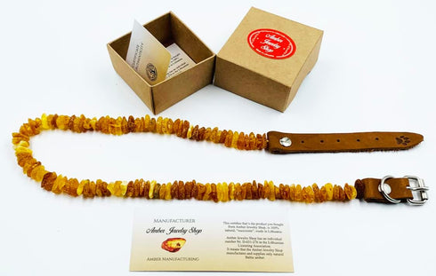 Baltic Amber Dog & Cat Collar with Adjustable Leather Strap - Raw Knotted Amber Beads for Dogs & Cats (40-45cm)