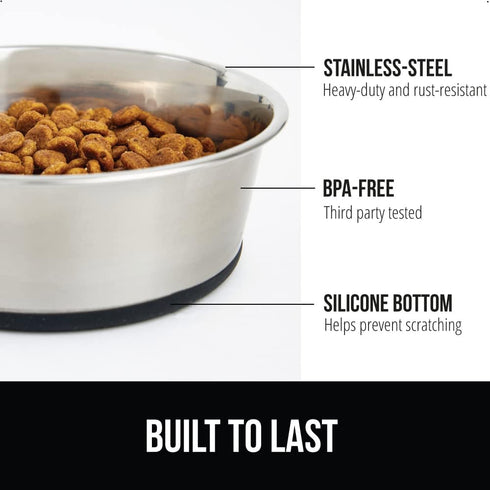 Gorilla Grip Stainless Steel Metal Dog Bowl Set of 2, Rubber Base, Heavy Duty Feeding Dishes, Food Grade BPA Free, Less Sliding, Quiet Pet Bowls for Cats and Dogs, Holds 6 Cups (48 fl oz), Black