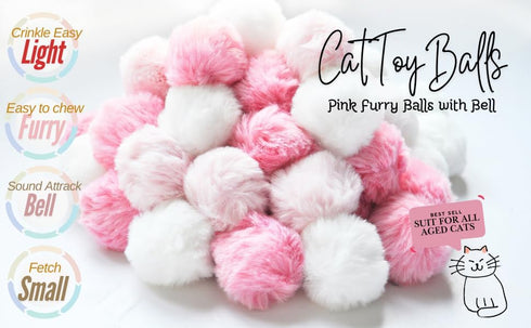 Cat Toys Furry Ball with Bell for Cats - Kitty Rabbit Tails (Pink with Bell)