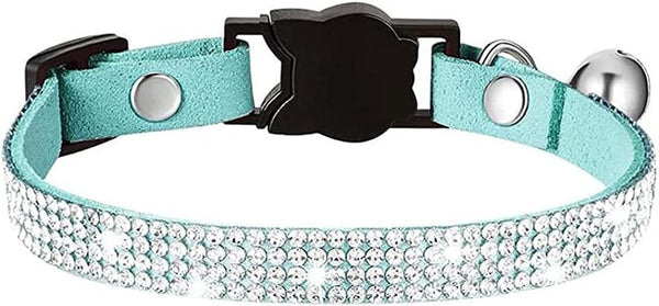 Pimaodog Rhinestones Dog Collar, Cute Dazzling Soft Suede Leather Pet Collar with Bell, Blue Crystal Jeweled Necklace
