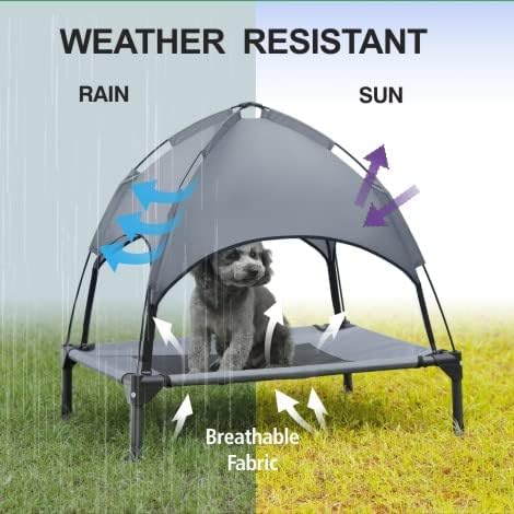 Small Elevated Dog Bed with Canopy, Upgraded 30IN Outdoor Raised Dog Cot Bed with Removable Shade Tent, Gray (S Size)