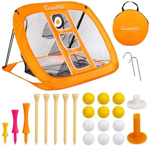 Golf Chipping Net Set with Pop Up Net, Durable Rubber Training Mat, 10 Golf Tees, 6 Practice Balls, Carry Bag
