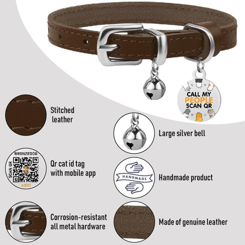BRONZEDOG Leather Cat Collar with Bell, Non-Breakaway Kitten QR Tag for Cats/Mini Dogs (9" - 12", Brown & Silver)