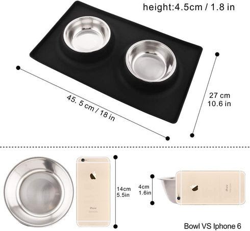 Dog Bowls with Mat, Cat Water Food Bowl Set (13.5oz Each) - No Spill Silicone Mat, Dual Pet Feeder for Small Medium Dogs