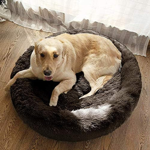 MFOX Calming Dog Bed for Medium and Large Dogs, Faux Fur Donut Cuddler, Sizes L/XL/XXL/XXXL, Up to 100 lbs