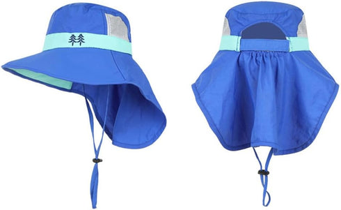Kids Fishing Sun Hat with Neck Flap - Wide Brim Bucket Hiking Safari Cap with Ponytail Hole, Breathable UPF50+