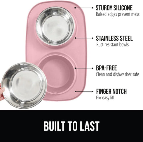 Gorilla Grip 100% Waterproof BPA Free Cat and Dog Bowls Silicone Feeding Mat Set, Stainless Steel Bowl Slip Resistant Raised Edges, Catch Water, Food Mess, No Spills, Pet Accessories, 1 Cup, Pink