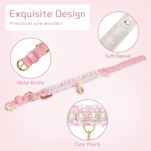 PetsHome Premium PU Leather Cat and Dog Collar, Adjustable, Cute Pearl, Beautiful Lace, Small Pink
