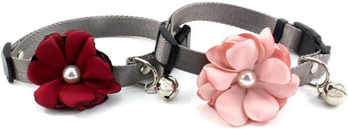 Geranium Flower Cat Dog Collar Bow Tie, Nylon Puppy Necklace with Pearl Bell, Adjustable Handmade (Red, Size M)