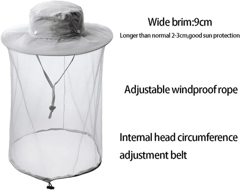 Mosquito Netting Bug Face Veil Hat - Mesh Safari Camping Fishing Cap for Garden and Beekeeping