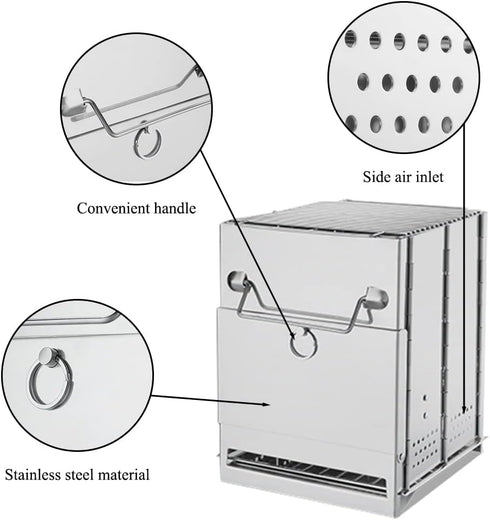 Foldable Camping Wood Burning Stove with Grill, Collapsible Stainless Steel Campfire Stove for Outdoor Cooking