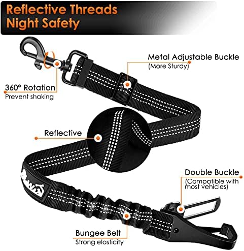 SlowTon Adjustable Dog Seat Belt, 2 in 1 Latch Bar Attachment Dog Car Seatbelt with Elastic Nylon Bungee Buffer (Black)