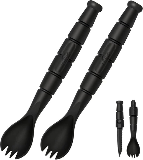 Tactical Spork, 3 in 1 Tactical Camping Utensils, Cutter Combo with Hidden Cutter, 2 Pack, Black