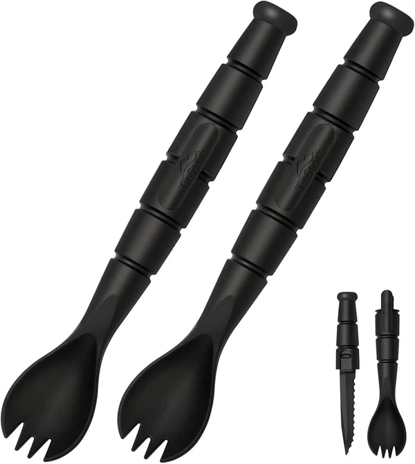 Tactical Spork, 3 in 1 Tactical Camping Utensils, Cutter Combo with Hidden Cutter, 2 Pack, Black