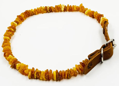 Baltic Amber Dog & Cat Collar with Adjustable Leather Strap - Raw Knotted Amber Beads for Dogs & Cats (40-45cm)