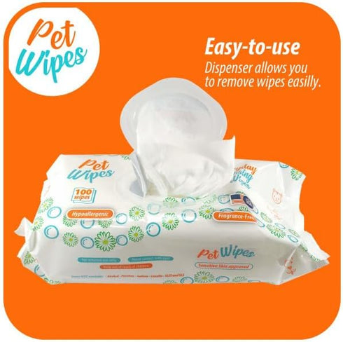 Pet Wipes for Dogs & Cats - Hypoallergenic Natural Cleansing Wipes, 100 Count, Made in The USA, Fragrance-Free