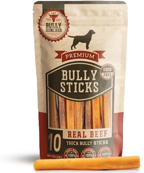 Bully Bunches Premium 6 Inch Thick Odor-Free Bully Sticks for Small & Medium Dogs, Long Lasting Chews for Oral Care, 10