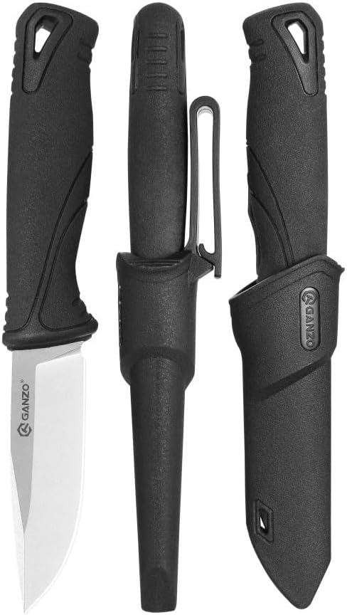 Ganzo G807-BK Fixed Blade Knife, 9CR14 Stainless Steel Blade, Black, Ergonomic Anti-Slip Handle, with Scabbard