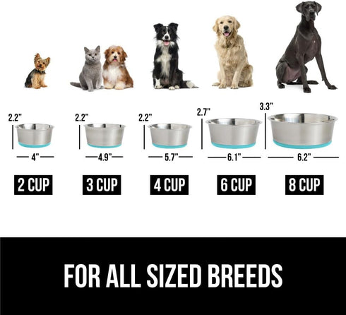 Gorilla Grip Stainless Steel Dog Bowl Set of 2, Heavy Duty Feeding Dishes, Rubber Base, BPA Free, Turquoise, 4 Cups