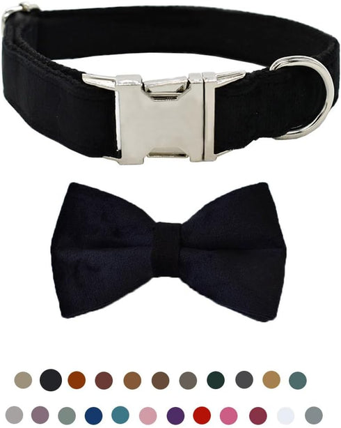 Dog Collar with Bow Tie, Adjustable Velvet Pet Collar with Metal Buckle and Stylish Detachable Bow Tie for Small Medium