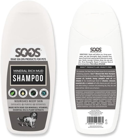 Soos Pet Dog Shampoo for Cats and Pets Mineral Rich Mud Natural Dead Sea Cruelty Free Fast Absorbing Skin Cooling First Aid Antib-acterial and Antif-ungal Odor Remover - 1 Pack (250ml)