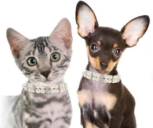 Pearl Dog Collar & Cat Collar, PU Leather Girls Necklace with Crystal Rhinestone for Female Puppy Kitten XS S Medium
