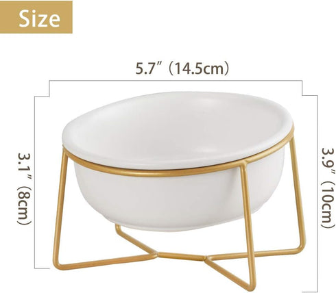 White Small Ceramic Tilted Elevated Cat Dog Bowl Raised Cat Food Water Bowl Dish Pet Comfort Feeding Bowls with Gold Iron Stand