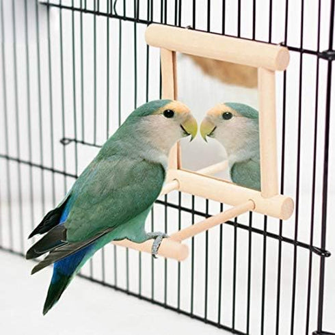 Bird Mirror Wooden Hanging Swing - Interactive Play Toys for Small Parrots, Budgies, Cockatiels (ONE)