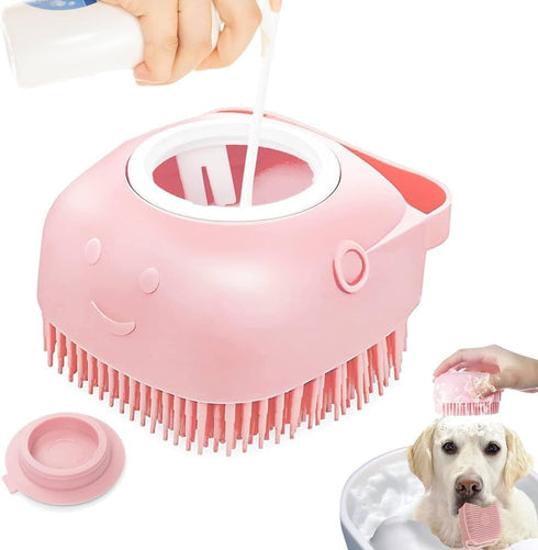 Dropshipping Soft Safe Silicone Pet Bathroom Massage Cleaning Grooming Tools, Dog Cat Bath Brush with Shampoo Box (Pink)