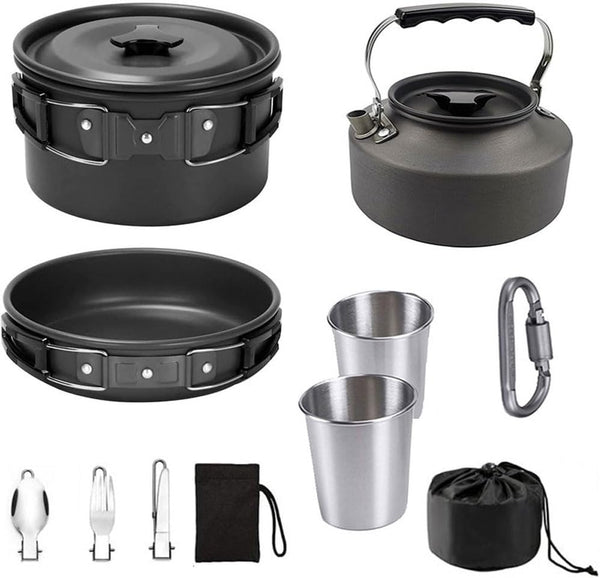 Lightweight Portable Camping Cookware Set - Pot, Pan, Kettle, Cups, Spoon, Fork, Cutter with Carry Bag for Outdoor