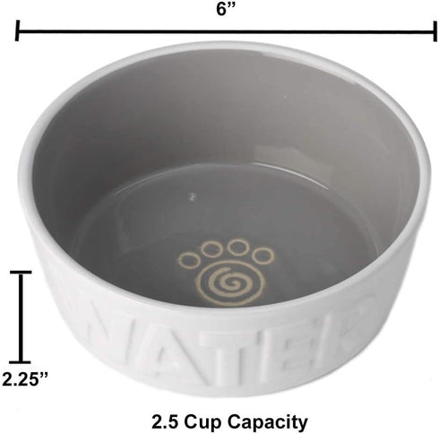 PetRageous Back to Basics Dog Water Bowl, 6-Inch Diameter, 2.5-Cup Capacity, Dishwasher & Microwave Safe, White