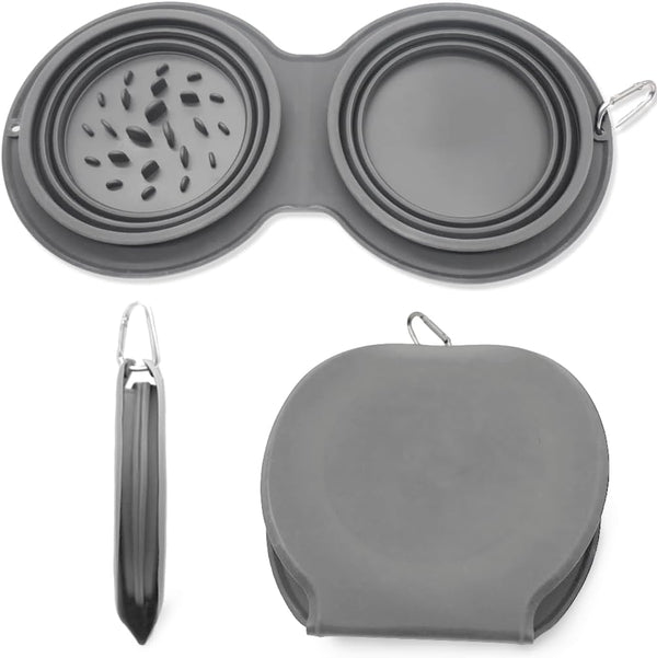 IFOYO Collapsible Dog Bowls, 2 in 1 Upgrade Foldable Travel Pet Food Bowl with Non-Skid Silicone Mat (Gray)