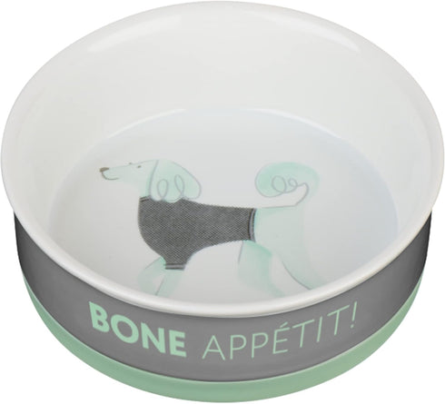 Ceramic Dog Bowl for Food and Water, Dishwasher/Microwave Safe, Non-slip Anti-skid Removable Silicone Base, Pet Supplies for Dogs/Puppies, Bone Appetit! White/Gray Ceramic, Medium