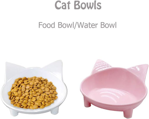 Cat Bowls, BPA Free Melamine, Double Wide Cat Dish Set of 2, Whisker Fatigue Relief, 8 oz Capacity, Non-Slip, Dishwasher Safe, White/Pink