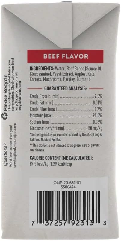 Only Natural Pet Bone Broth Beef Flavor Dog & Cat Meal Topper, 100% Human-Grade, Free-Range, 2-Pack (11.16 oz Each)