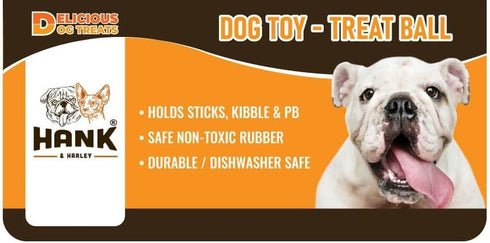 Hank & Harley Dog Toy Treat Ball - Food & Treat Dispensing, Fetching and Chewing Toys, Durable, Dishwasher Safe (Ball)