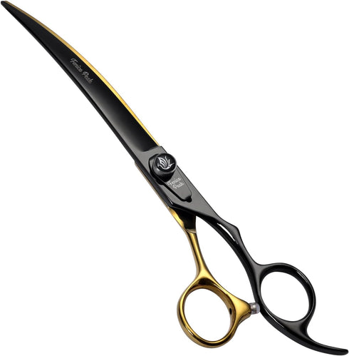 Fenice Peak 8'' Black Dog Grooming Scissors - Golden Curved Scissors with Ergonomic Offset Handle, 440C Durable and