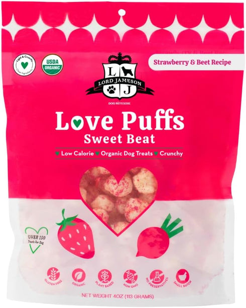 Sweet Beat Light & Crunchy Love Puffs - Strawberry & Beet - Dog Treats, Low-Calorie, Low-Sugar, Gluten & Preservative-Free, USDA Certified Organic - Made In USA 4 oz