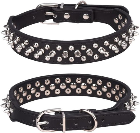 Spiked Studded Dog Collar | Adjustable Soft Leather Puppy Collar for Small & Medium Dogs (XS, Black-2)