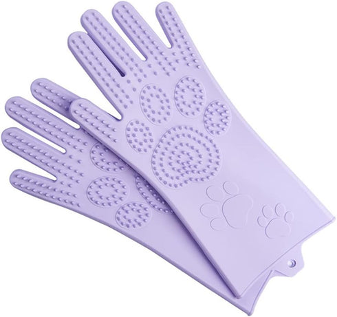 Waterproof Silicone Pet Grooming Gloves - Ambidextrous Scrubber Gloves for Dog Cat Bathing, Hair Removal, Lavender