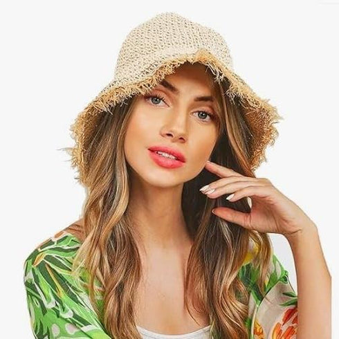 Women Floppy Cloche Straw Hat Wide Brim Straw Bucket Hat Sun Protection Bowler Hat UPF 50+ Beach Sun Cap