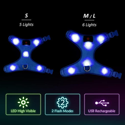 Flashseen LED Dog Harness - Lighted USB Rechargeable Pet Harness for Small, Medium, Large Dogs (Blue, L)