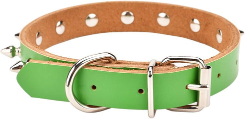 Basic Classic Adjustable Genuine Cow Leather Pet Collars for Cats Puppy Dogs (X-Large/Neck 14.2"-18.1", Green-Spiked Rivet)