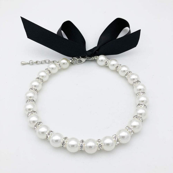 Diamond Dog Pearls Necklace for Small Dogs, Bling Rhinestones Cat Wedding Collar, Size S, Snow White