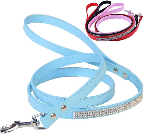 Scicalife PU Leather Dog Leash, Colorful Walking Leash with Sparkly Studded Rhinestone for Cats or Dogs (Blue)