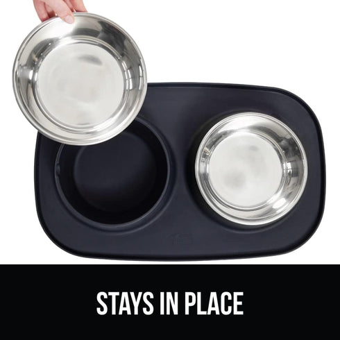 Gorilla Grip 100% Waterproof BPA Free Cat and Dog Bowls, Silicone Feeding Mat Set with Stainless Steel Bowl